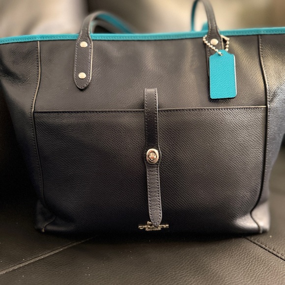 Coach Navy Leather Tote Bag Bright Blue Trim Shoulder Bag - Picture 7 of 10